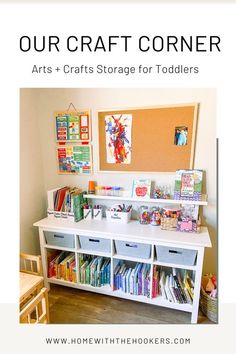 a child's craft room with toys and crafts on the shelves, including books