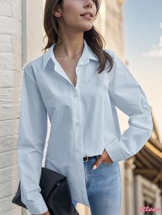 Qteee - Premium Solid-Colored Long Sleeve Shirt Round Neck Shirt, Cardigan Outfits, Style Cardigan, Light Blue Color, Long Sleeve Shirt Dress, Lapel Collar, Neck Shirt, Types Of Collars, Long Sleeve Shirt