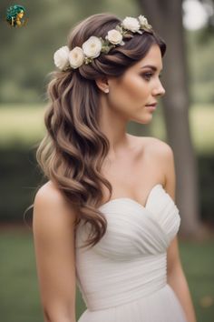 a woman with long hair and flowers in her hair is wearing a white wedding dress