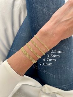 "All Our Bracelets Are Made Of REAL 14K GOLD  Our new Bismark Collection just arrived Perfect for everyday wear, made of real 14k yellow gold , tarnish free, water resistant and hypoallergenic Comes in a wide variety of widths. Matching necklaces available https://www.etsy.com/listing/1402941447  14K Yellow Gold Bismark Link Chain Bracelet, 7.25\" Inch, 2.5mm 3.5MM 4.7MM 7MM Thick, Real Gold Bracelet, Women Gold Bracelet Shop our 14K Bracelets https://www.etsy.com/shop/GOLDMANIA?ref=seller-platf Solid Gold Bracelet For Women, Gold Bracelet Combinations, Unisex Bracelet Gold, Latest Gold Bracelet For Women, Braclets Gold, Real Gold Bracelet, Flat Bracelet, Gold Bangles Indian