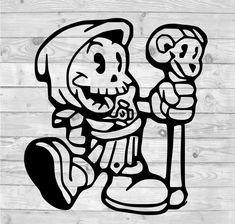 a drawing of a cartoon character holding a baseball bat and wearing a hoodie, on a wooden background