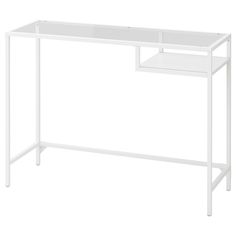 a white desk with an open drawer on top and one shelf at the bottom for storage