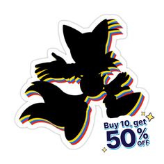 a sticker with an image of sonic the hedgehog flying through the air and text buy 10 get 50 % off