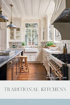 a kitchen with white cabinets and wood flooring is featured in the magazine traditional kitchens