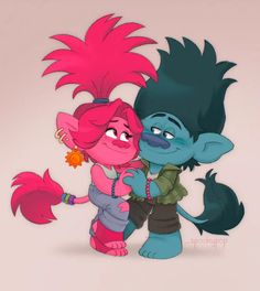 two cartoon characters hugging each other with pink and blue hair on their heads, one is wearing