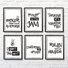 six black and white posters on a brick wall with the words, pumpkin to the jam written