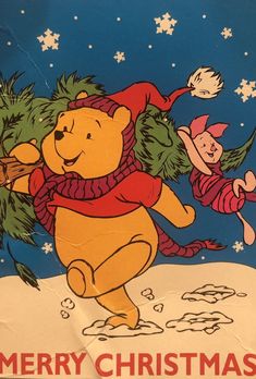 a christmas card with winnie the pooh and friends