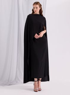 WF ATELIER Black Two-piece Dress and Cape, you can style separately with different outfıt Model height: 177 CM 100% Viscose Length: 137 cm Cape Long sıde :145 cm Chiffon Long Sleeve Midi Dress For Evening, Long Sleeve Chiffon Midi Dress For Evening, Long Sleeve Chiffon Midi Evening Dress, Chiffon Midi Evening Dress, Chiffon Midi Length Evening Dress, Midi Length Chiffon Evening Dress, Pre-draped Cape Evening Dress, Black Draped Sleeves Midi Dress, Formal Black Dress With Draped Sleeves