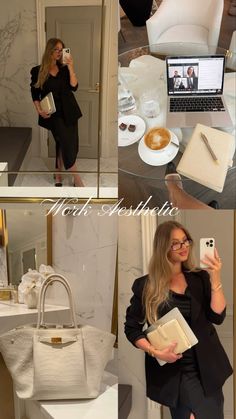 a woman taking a selfie with her cell phone, laptop and purse in the bathroom