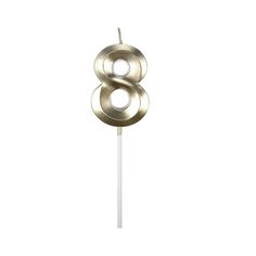 the number eight candle is made out of metal and sits on top of a white stick