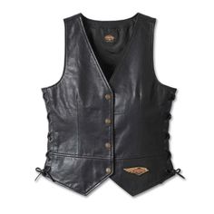 Harley Davidson 120 Years Womens Laced Side Leather Vest | LeatherJacketGear.com Luxury Leather Vest For Biker Events, Solutions New York Wonens Leather Vest, Luxury Leather Biker Vest, Luxury Leather Women's Vest, Solutions New York Women's Leather Vest, Vest Patterns For Women Sewing Leather, Witch Leather Vest, Gold Leather Vest, Biker Gilet