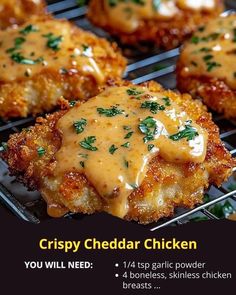 crispy cheddar chicken is cooking on the grill