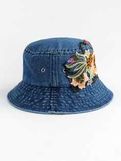 Fashion National Style Embroidered Denim Fisherman Hat Outdoor Sun Protection Travel Street Basin Hat. Curved Brim Denim Blue Hat, Denim Blue Curved Brim Hat, Casual Embroidered Hats For Summer, Casual Embroidered Summer Hat, Blue Denim Bucket Hat With Short Brim, Denim Hat With Short Brim, Blue Denim Brimmed Hat, Short Brim Denim Hat In Medium Wash, Medium Wash Denim Hat With Short Brim