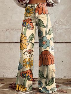 Floral Wide Leg Pants, Denim Style Casual, Christmas Lingerie, Painted Jeans, Custom Denim, Casual Wide Leg Pants, Cute Pants, Printed Wide Leg Pants, Swimwear Dress