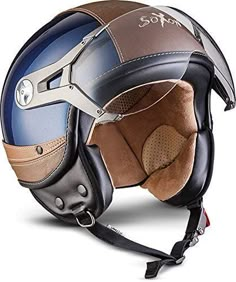 the helmet is designed to look like it has been painted blue, brown and white