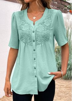 Color:Avocado Green;Size:M;Size:L;Package Contents:1 X Blouse;Occasion:Other;Style:Casual; Blouse Designs Catalogue, Women Blouses Fashion, Ladies Blouse Designs, Clothes Tops, Stylish Blouse, Lace Patchwork, Printing Design, Plain Color, Avocado Green