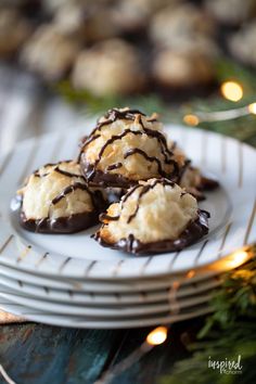 three chocolate covered cookies on a plate with christmas lights in the backgroung