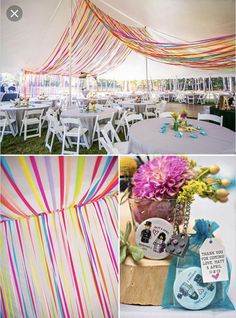 several different pictures of colorful ribbons and tables with flowers in vases on the table