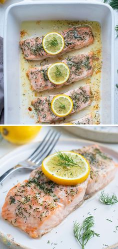 salmon with lemons and herbs in a white dish