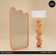 an orange table lamp next to a mirror with a white sign on it that says, mellowism earth set p1