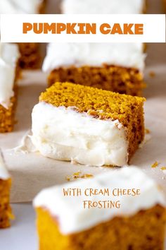 Pieces of frosted pumpkin cake on parchment paper. Orange text overlay. Cherry Yum Yum Recipe, Pumpkin Cake With Cream Cheese, Pumpkin Cake Easy, Pumpkin Pound Cake, Pumpkin Squares, Pumpkin Sheet Cake, Pumpkin Spice Cake