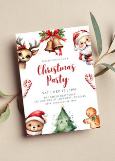 a christmas party flyer with santa claus, reindeer and other holiday items on the front