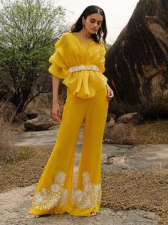 Mishru-Yellow Moira Pant And Top Set-INDIASPOPUP.COM Pant And Top Set, Optical Illusion Dress, Haldi Outfit, Embroidered Pants, Yellow Silk