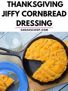 a skillet with cornbread in it and the words thanksgiving jiffy cornbread dressing on