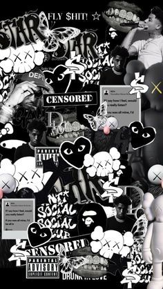 a collage of photos and stickers in black and white