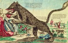 an illustration of a wolf attacking a woman in a field with other people and animals