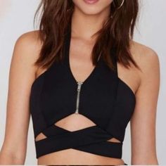 * Nwot Nasty Gal Black Cutout Zipper Halter Cropped Top. ^ Never Worn Perfect Condition. Black Halter Neck Top For Going Out, Black Bandage Crop Top For Summer, Black Cropped Halter Top For Night Out, Summer Black Halter Top For Going Out, Black Bandage Top For Spring, Spring Bandage Black Top, Casual Black Halter Top For Date Night, Black Bandage Crop Top For Night Out, Trendy Black Bandage Crop Top