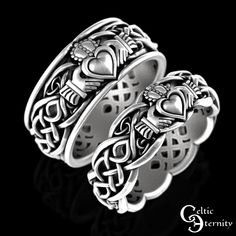 See this ring set with stones! www.etsy.com/shop/CelticEternity?search_query=claddagh Band Height is proportional to size: His: Size 4 - 7.5mm Size 5 - 7.9mm Size 6 - 8.3mm Size 7 - 8.6mm Size 8 - 8.9mm Size 9 - 9.3mm Size 10 - 9.6mm Size 11 - 9.9mm Size 12 - 10.2mm Size 13 - 10.6mm Hers: Size 4 - 6.1mm Size 5 - 6.5mm Size 6 - 6.7mm Size 7 - 7mm Size 8 - 7.3mm Size 9 - 7.5mm Size 10 - 7.8mm Size 11 - 8.1mm Size 12 - 8.3mm Size 13 - 8.6mm A His & Hers wedding set with the infinity Claddagh ring. The Claddagh ring (Irish: fáinne Chladaigh) is a traditional Irish ring which represents love, loyalty, and friendship (the hands represent friendship, the heart represents love, and the crown represents loyalty). All our Celtic rings are made to order and made in YOUR size. We suggest buying our re Symbolic Wedding Jewelry With Intricate Design, Symbolic Intricate Design Jewelry For Anniversary, Symbolic Hallmarked Wedding Rings, Symbolic Wedding Rings Hallmarked, Symbolic Engraved Ring With Intricate Design For Anniversary, Symbolic Silver Couple Rings For Wedding, Symbolic Ring With Intricate Design For Promise, Symbolic Promise Ring With Intricate Design, Symbolic Intricate Design Promise Ring