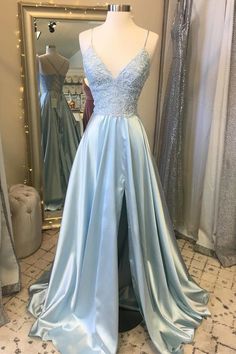 Light Blue Lace Lace-Up Back A-Line Prom Dress with Slit Highschool Prom Dresses Blue, Ashy Blue Prom Dress, Icy Blue Dress Prom, Ice Blue Prom Dresses, Rustic Prom Dress, Steel Blue Prom Dress, Prom Dress For Pale Skin, Pale Green Prom Dress, Pale Blue Prom Dress