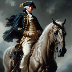 a painting of a man riding on the back of a white horse in front of a cloudy sky