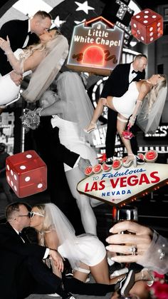 las vegas collage with bride and groom in black and white attire holding up dice