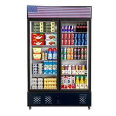 a refrigerated refrigerator with drinks and sodas in the door, isolated on a white background