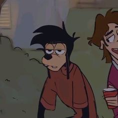 two cartoon characters one holding a cup and the other looking at something