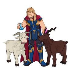 a man standing next to two goats and a goat