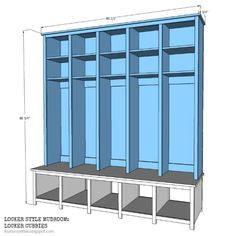 a blue bookcase is shown with measurements for the door and shelves on each side