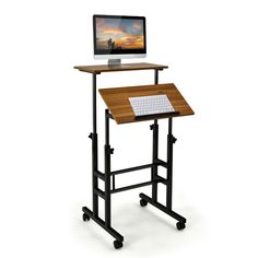 a computer desk with a monitor and keyboard on it's stand, in front of a white background