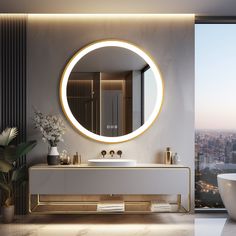 a bathroom with a large round mirror on the wall and a bathtub in front of it