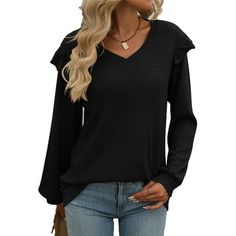 Women Long Sleeve T Shirts Fall V Neck Ruffle Sleeve Tunic Tops for Fall and Winter SHIBEVER Long Sleeve T Shirt Has Comfortable Materials and Ruffle Sleeve, It Can Dressy Perfect All-Purpose Style Clothing for Your Wardrobe. Shibever Fall Long Sleeves Top is Lightweight And Has A Comfortable Fabric That is Comfortable And Wram in Cold Weather. This T Shirt or Top is Specially Designed for You Who Enjoy the Daily Life. Product Details Women Fall T Shirts V Neck Long Sleeve Tunic Tops Clothing fo Fall V-neck Ruffled Tops, Fall Solid Top With Ruffles, Solid Ruffled Tops For Fall, Casual Ruffled Tops For Fall, Trendy Ruffle Sleeve Top For Fall, Trendy Fall Tops With Ruffle Sleeves, Fall Ruffled V-neck Tops, Solid Color Ruffle Sleeve Tops For Fall, Casual Black Blouse With Ruffle Sleeves