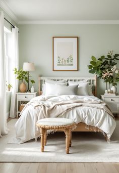 Sage Green Farmhouse Bedroom Cream And Light Green Bedroom, Sage Girls Bedroom, Green Bedroom White Furniture, Sage Color Palette Bedroom, Light Green Walls Bedroom, Sage Green And Gray Bedroom, Light Sage Green Bedroom, Sage Green Farmhouse Bedroom