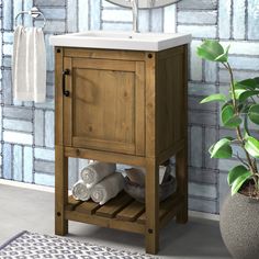 a bathroom with a sink, mirror and towels on the rack next to a potted plant