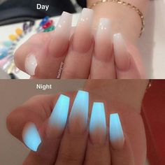 Acrylic Nails Coffin Ombre, Dark Gel Nails, Glow In The Dark Nails, Neon Acrylic Nails, Coffin Nails Matte, Acrylic Nail Powder, Glow Nails, Ombre Nail Designs