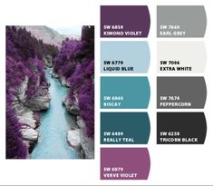 the color scheme for an interior paint scheme with purple and blue hues, along with white