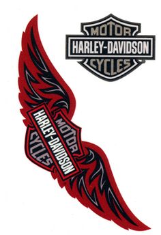 the harley davidson logo is shown in red and black, with an eagle on it