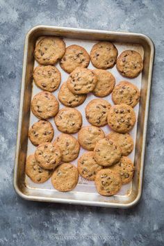 freshly baked chocolate chip cookies on a baking sheet