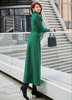 "This woman long wool coat in emerald green is a timeless winter piece that will add a divine pop of color to your winter wardrobe. This coat is a stunning color, lovely length, and keeps me warm. Endlessly versatile, layer it over jeans and sweaters or sleek dresses for countless styling options. FEATURES 50% wool, 50% fiber,nylon Polyester lining Double-breasted button closure Long sleeve Two side pockets Ankle length Perfect for winter, autumn Dry clean More colors select from photo L1 https: Green Long Sleeve Wool Coat For Work, Green Wool Coat For Workwear, Green Wool Workwear Coat, Elegant Green Wool Coat, Green Wool Long Coat For Work, Elegant Green Long Wool Coat, Elegant Green Wool Coat For Fall, Sleek Dresses, Fit And Flare Coat