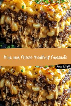 two pictures of macaroni and cheese meatloaf casserole stacked on top of each other